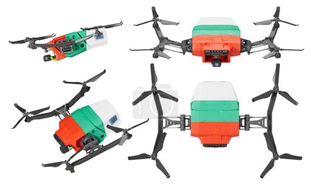 This image presents a flight of drones, each bearing the bold white, green, and red stripes of the Bulgarian flag, against the enigmatic backdrop of a black sky