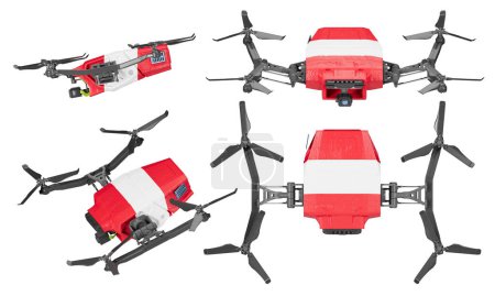 Conjunto de drones con las llamativas franjas rojas y blancas de la bandera austriaca, capturados en pleno vuelo sobre un fondo negro puro, fusionando la tecnología con el orgullo nacional