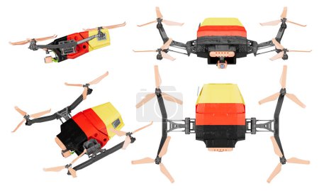 Vitrine de drones rehaussée du noir, rouge et jaune du drapeau allemand, positionnée dynamiquement sur un fond sombre pour un impact visuel