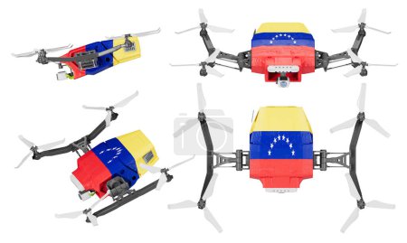 Collection of four drones with design elements inspired by the Venezuelan flag, captured mid-air against a stark black backdrop, illustrating technology and patriotism