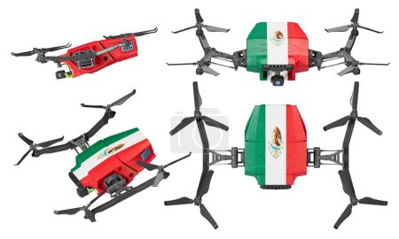 Cette image capture un escadron de drones quadcoptères sophistiqués, chacun arborant fièrement les tons vert, blanc et rouge du drapeau mexicain, ainsi que son emblème national emblématique..