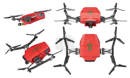 Los drones voladores de precisión, con sus llamativos cuerpos rojos y el emblema de pentagrama verde de Marruecos, flotan sobre un fondo negro profundo en una matriz organizada.