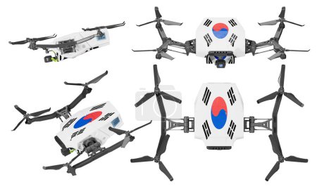 Modern quadcopter drones displaying the distinct red, blue, and black Taegeuk symbol of South Korea, arrayed neatly against a stark black canvas.