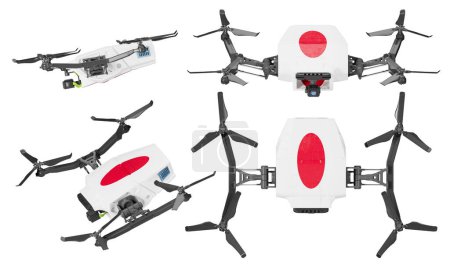 Un ensemble de quatre drones avec le dessin rouge et blanc emblématique du drapeau japonais sur un fond noir frappant, mettant en valeur la technologie de pointe et les symboles nationaux.
