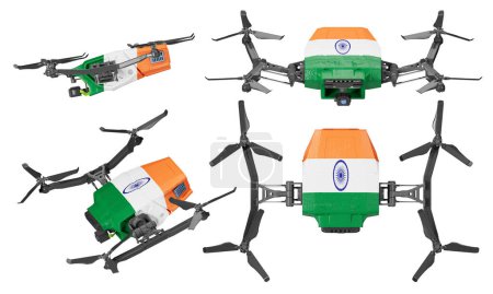Captura de drones avanzados, cada uno orgullosamente portando la bandera india azafrán, blanco y verde con el Chakra Ashoka, en un contexto contrastante, destacando su diseño de vanguardia y orgullo nacional.