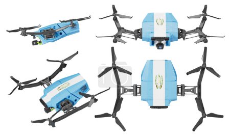 This image presents a fleet of advanced drones, each one featuring the distinctive sky blue and white of the Guatemalan flag, set against a dark backdrop, accentuating their sleek design and the patriotic theme.