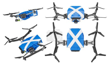 La imagen presenta varios drones decorados con la bandera de Scotland Saltire, también conocida como la Cruz de San Andrés, sobre un fondo negro claro, destacando su sofisticada estructura y el icónico emblema escocés..