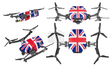 Esta imagen cuenta con cuatro drones quadcopter adornados con la distintiva bandera Union Jack, que se muestra en vuelo sobre un fondo oscuro, mostrando una mezcla de tecnología y simbolismo británico.