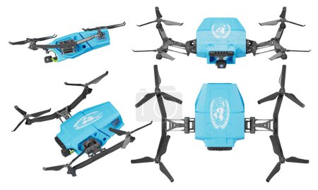 Four drones, each emblazoned with the iconic light blue United Nations emblem, are poised against a stark black background, representing global unity and surveillance capabilities.