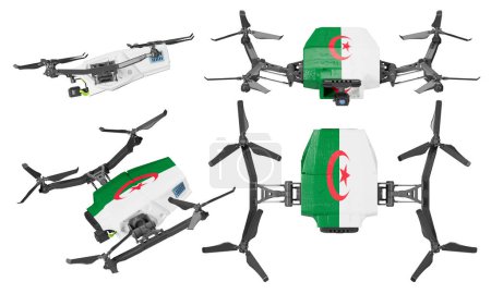 Una colección de cuatro elegantes drones quadcopter que muestran el distintivo verde, blanco y rojo de la bandera argelina con el emblema de la estrella y la media luna, todo ello con un fondo oscuro.
