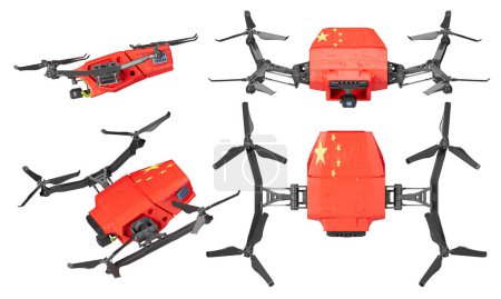Four commercial quadcopter drones sporting the bright red and yellow star design of the Chinese flag, showcased against a dark backdrop.