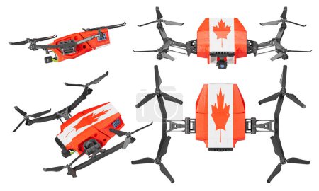 Drones aéreos innovadores dispuestos artísticamente sobre un telón de fondo negro, cada uno con la icónica bandera de hoja de arce canadiense roja y blanca, que simboliza la tecnología avanzada y el orgullo nacional.