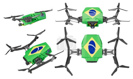Striking green and yellow unmanned drones showcasing Brazil flag with a blue globe and white stars, captured in a dynamic formation, emphasizing aerial innovation and national identity.