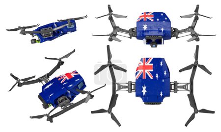 Innovative quadcopter drones showcase the vibrant Australian flag, with stars and Union Jack, contrasted against a deep black canvas, symbolizing technological advancement and national pride.