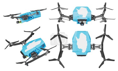 Diese Drohnen, die das antarktische Territorium symbolhaft weiß und blau präsentieren, schweben mit der Anmut und Einsamkeit der Polarlandschaft, einem Symbol für ferne Erforschung und Innovation..
