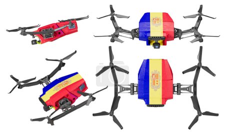 Esta impactante imagen captura cuatro drones con la vibrante bandera roja, amarilla y azul de Andorra, ejemplificando el espíritu de la nación entrelazado con la avanzada tecnología aérea.