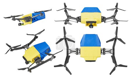 A quartet of advanced drones, each bearing the vibrant blue and yellow of Ukraine national flag, captured in mid-flight against a stark black backdrop.