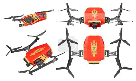 Dynamische Darstellung roter und goldener Drohnen mit der vornehmen Flagge Montenegros und seinem Emblem, fachmännisch in der Luft angeordnet, vor schwarzem Hintergrund.
