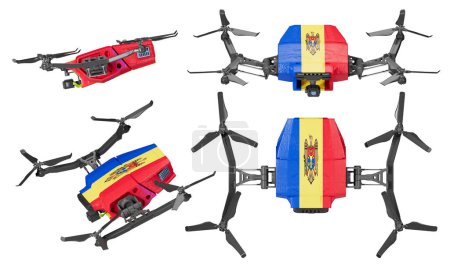 Modernste Drohnen, die mit der blauen, gelben und roten Flagge der Republik Moldau mit dem Landeswappen geschmückt sind, werden während des Fluges vor schwarzem Hintergrund eingefangen..