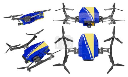 Advanced quadcopters adorned with Bosnia and Herzegovina flag colors, showcasing a triangular design and stars, fly against a stark black backdrop.