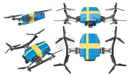 Digitale Zusammensetzung modernster Drohnen, die mit den Farben der schwedischen Flagge geschmückt sind und vor einem krassen schwarzen Hintergrund aufsteigen.