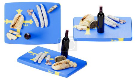 Genießen Sie den Geschmack Asturiens mit traditionellem Wurstwaren, herzhaftem Brot und einer robusten Flasche Wein, alles auf der blauen Flagge mit dem Siegeskreuz