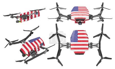 Array von hochfliegenden Drohnen, die die Stars and Stripes darstellen, majestätisch auf einer rein schwarzen Szene