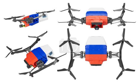 Sleek drones decked out in Russia tricolor flag soaring against an inky black backdrop, symbolizing high-tech flight
