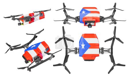Array of drones, each adorned with the patriotic colors and lone star of the Puerto Rican flag, floating in space