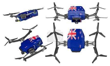 Flota de drones azules con las icónicas estrellas de la bandera de Nueva Zelanda y el gato de la unión, a punto en la oscuridad