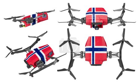 Sammlung unbemannter Luftfahrzeuge (UAVs) mit der norwegischen Flagge, isoliert vor dunklem Hintergrund