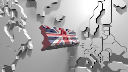 Une image en 3D artistique de la carte du Royaume-Uni, bien en évidence extrudée avec le drapeau emblématique Union Jack superposé, sur un fond élégant et monochrome