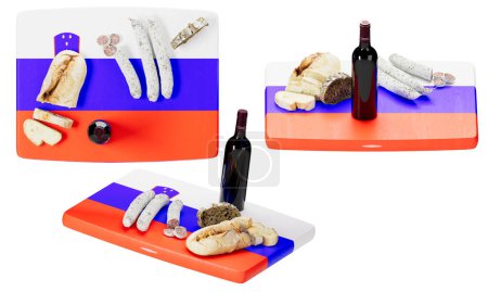 A delectable array of Croatian specialties, featuring bread and sausages with wine, on a vibrant red, white, and blue background adorned with the Croatian coat of arms