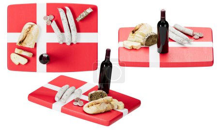 Artisanal Danish breads and sausages, accompanied by fine wine, artistically presented on a vibrant red and white Danish flag-inspired background