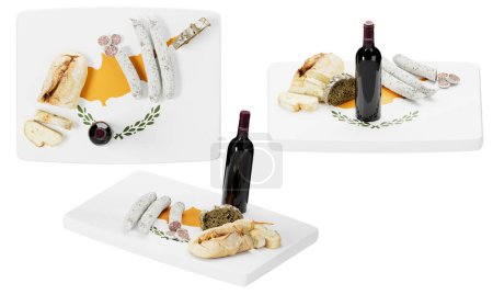 Exquisite Cypriot sausages, bread, and a bottle of wine, elegantly displayed on a backdrop resembling the flag of Cyprus