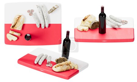 Exquisite Polish culinary favorites, including a variety of breads and sausages, displayed with a bottle of red wine, against the backdrop of Poland's flag