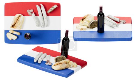 A tasteful composition of Dutch cheeses, bread, and sausages with a fine red wine, arrayed on a background reflecting the Netherlands' flag colors
