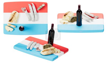 A gourmet arrangement of Luxembourgish breads, sausages, and a bottle of red wine, presented on a serving board reflecting the colors of the Luxembourg flag