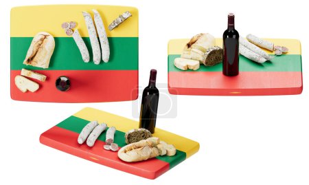 A rich selection of Lithuanian culinary delights, including bread and sausages, complemented by a bottle of red wine on a flag-inspired presentation board