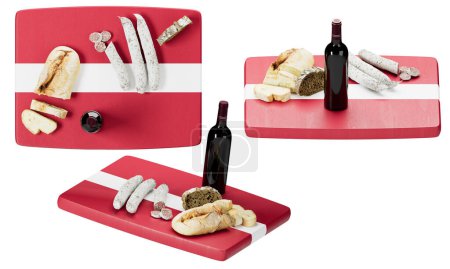 Latvian culinary presentation featuring an assortment of breads and sausages with a bottle of red wine, set against the striking carmine red and white of the Latvian flag