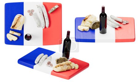 A fine selection of French breads and charcuterie, elegantly paired with a bottle of red wine, presented on a backdrop of the French flag