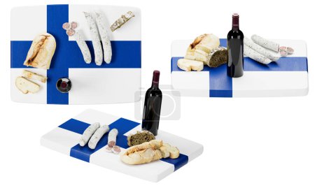 Finnish culinary delights, including fresh rye bread and sausages, complemented by red wine, against the bold blue and white of the Finnish flag