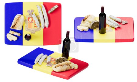 Experience the flavors of Andorra with freshly baked bread, fine charcuterie, and cheese, artistically arranged on a cutting board inspired by the Andorran flag's colors and coat of arms