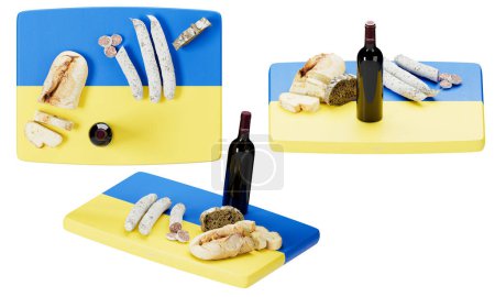 Indulge in the heart of Ukrainian gastronomy with a spread of local bread, specialty sausages, and regional cheese, presented elegantly on a cutting board that pays homage to the nation's flag