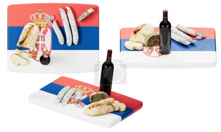 Genießen Sie ein serbisches Festmahl mit frisch gebackenem Brot, feinem Käse und herzhafter Salami, gepaart mit einem reichen Rotwein, kunstvoll arrangiert auf einem flaggeninspirierten Servierbrett