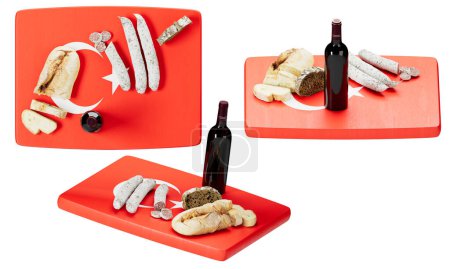 Savor the flavors of Turkey with this exquisite setup featuring traditional bread, assorted meats, and cheese, complemented by a bottle of fine wine on a vibrant flag-themed board