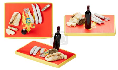 Savourez l'essence du Monténégro avec du pain traditionnel, des fromages et du salami, accompagnés d'un vin rouge robuste, mis en valeur sur un plateau de service animé sur le thème du drapeau.