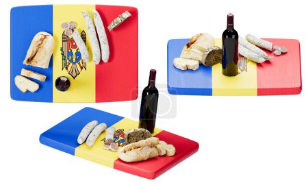 Erleben Sie Moldawiens reiche kulinarische Tradition mit dieser verlockenden Auswahl an lokalem Brot, Käse und Wurstwaren, die kunstvoll auf einer patriotischen Tafel präsentiert wird