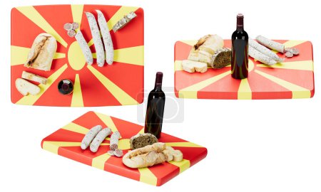 Genießen Sie die Aromen Mazedoniens mit einer lebendigen Auswahl an Brot, Käse und Wurstwaren, die wunderschön auf einer Tafel im Zeichen der Flagge präsentiert werden