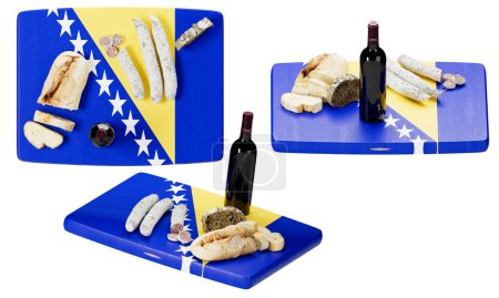 A rich array of Bosnian delicacies artfully arranged on a cutting board adorned with the Bosnia and Herzegovina flag, inviting a taste of cultural heritage.